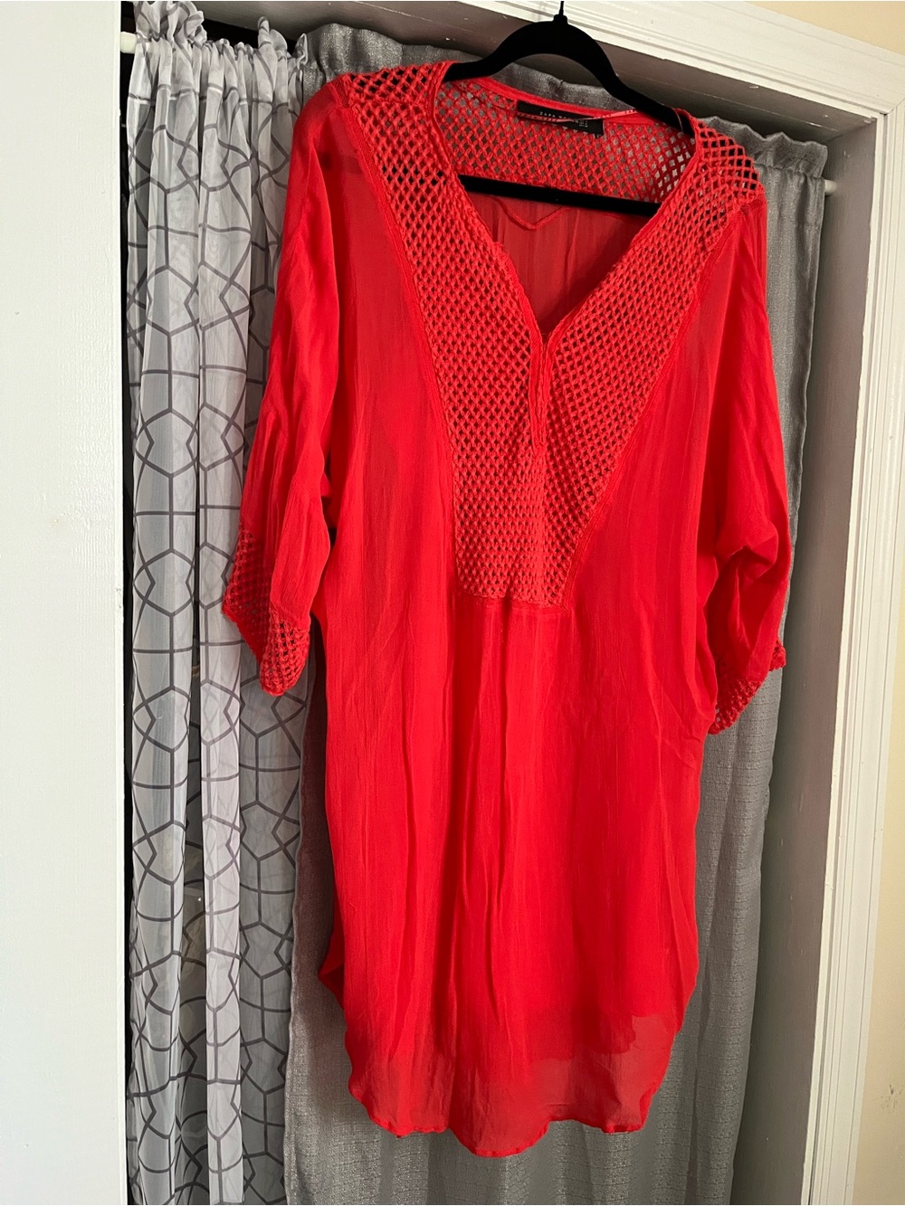 Zara Red Crochet V-Neck Tunic Top